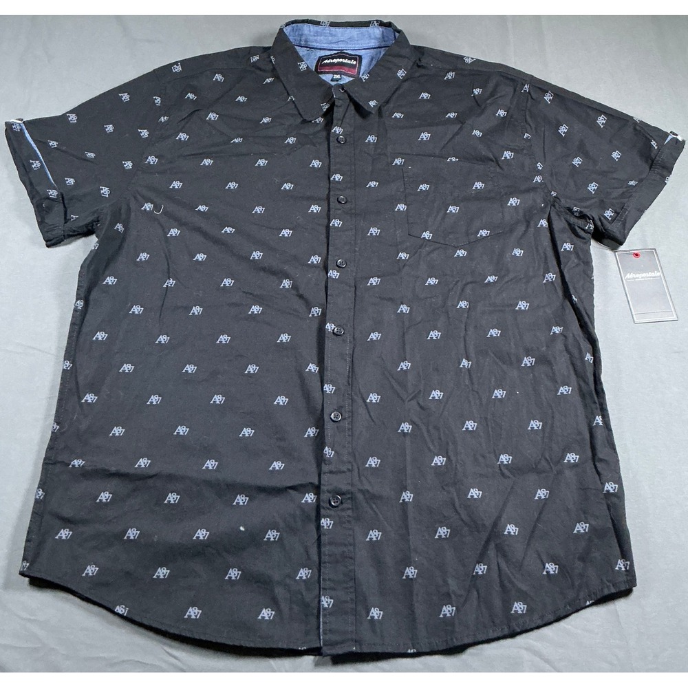 Aeropostale Mens Black A87 Logo Short Sleeve Button Down Shirt 2XL AWS96209X